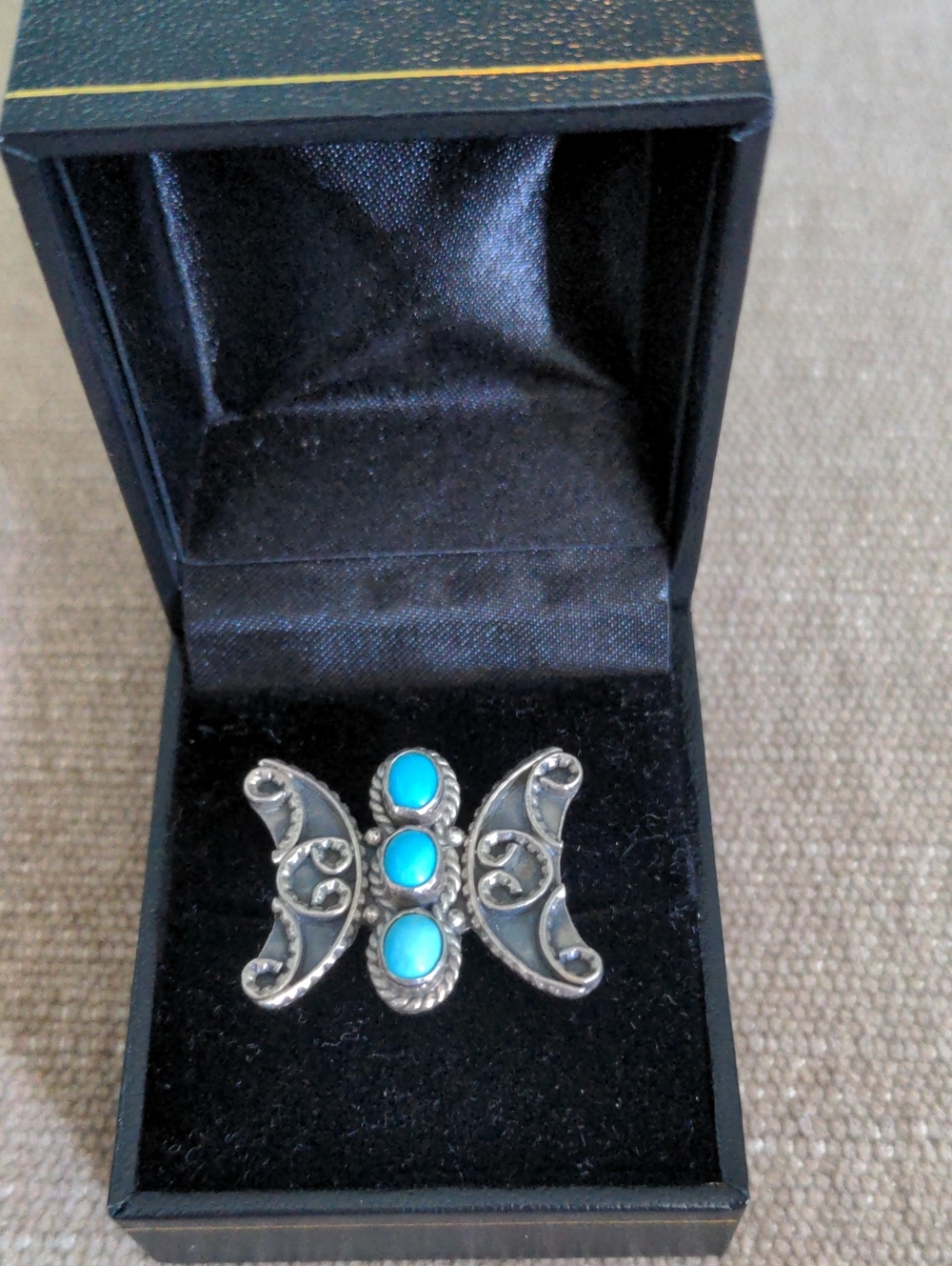 Sterling Silver Turquoise Butterfly Statement Ring, Vintage Sleeping Beauty sz 6